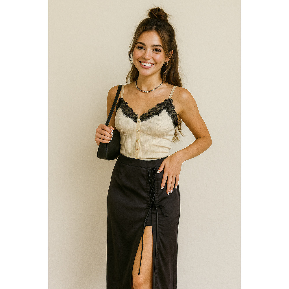 Krisa Revolve corset lace-up slit Midi Skirt Black Y2K sz XS satin NWT normcore